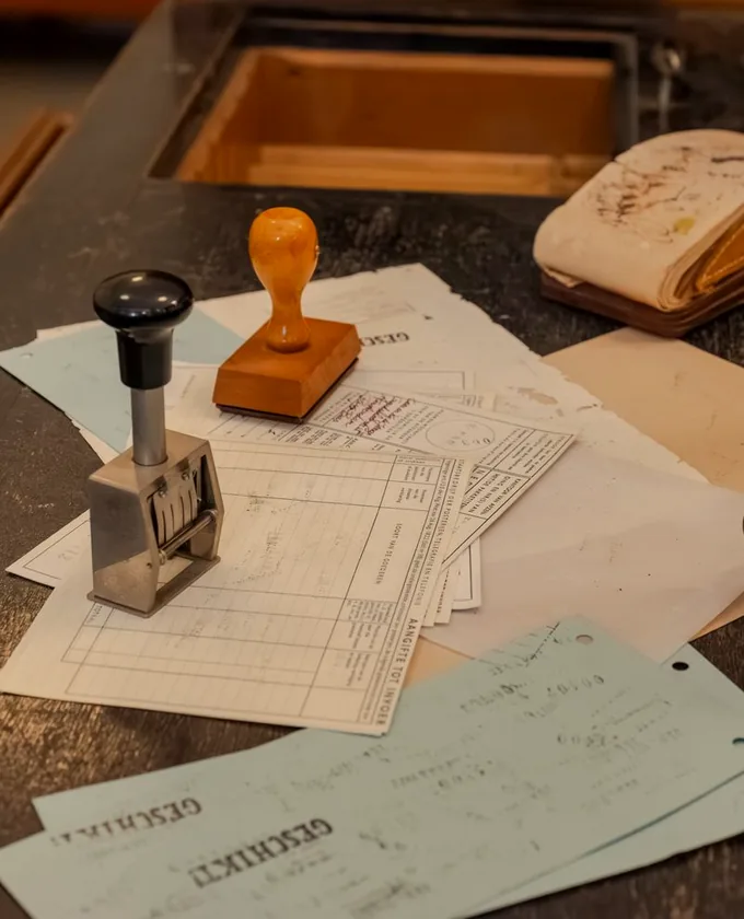 Amtliche Formulare und Stempel auf einem Schreibtisch